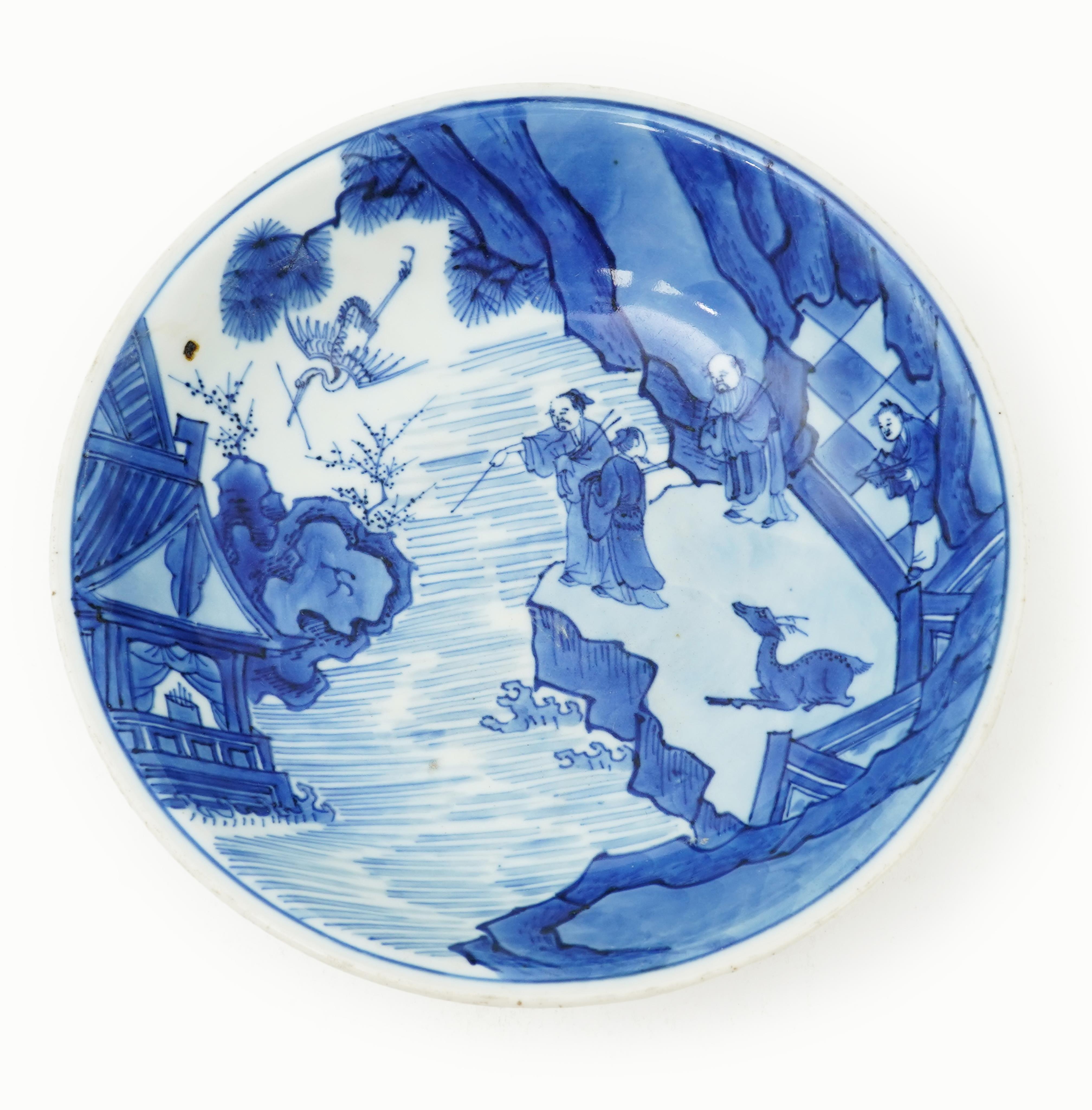 A Chinese blue and white saucer dish, Kangxi six character mark and of the period (1662-1722)